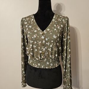 Smocked Hem Floral V-Neck Button Blouse - Olive